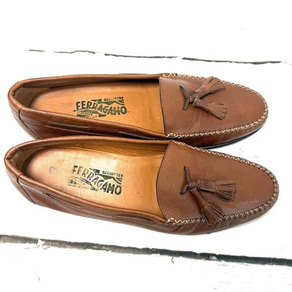 Vintage Salvatore Ferragamo Shoes Men\'s 9D Brown Tassel Loafers Pebbled Leather main image 12